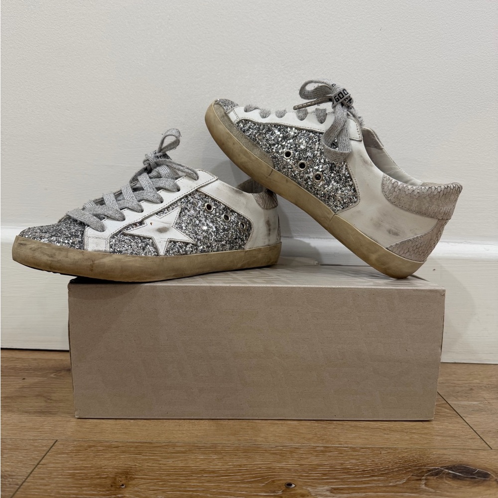 Golden Goose Women’s Sneakers - Glitter Silver and White with Pink